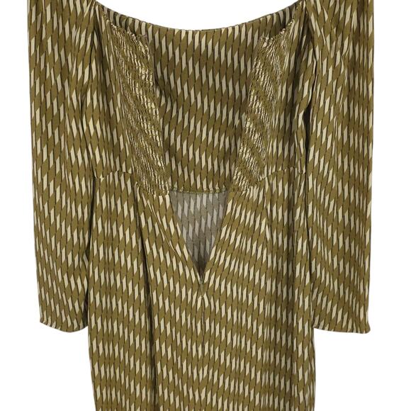 Reformation Peyton Dress Green Geometric Long Sleeve Midi Boho Smocked - Picture 6 of 11